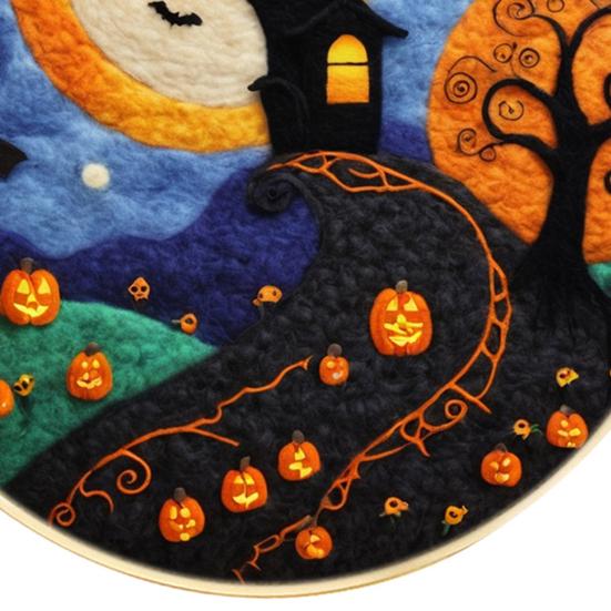 Halloween Needle Felting Kit Beginner Felt Craft Set DIY Felt Painting with Faux Wool Needle Frame Stamped Fabric for Adults Handcraft Lovers