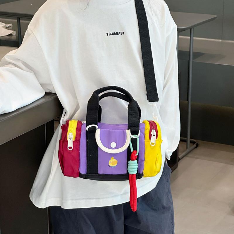 Blocking Design Color Kid Casual Single Shoulder Cylindrical Bag With Pendant