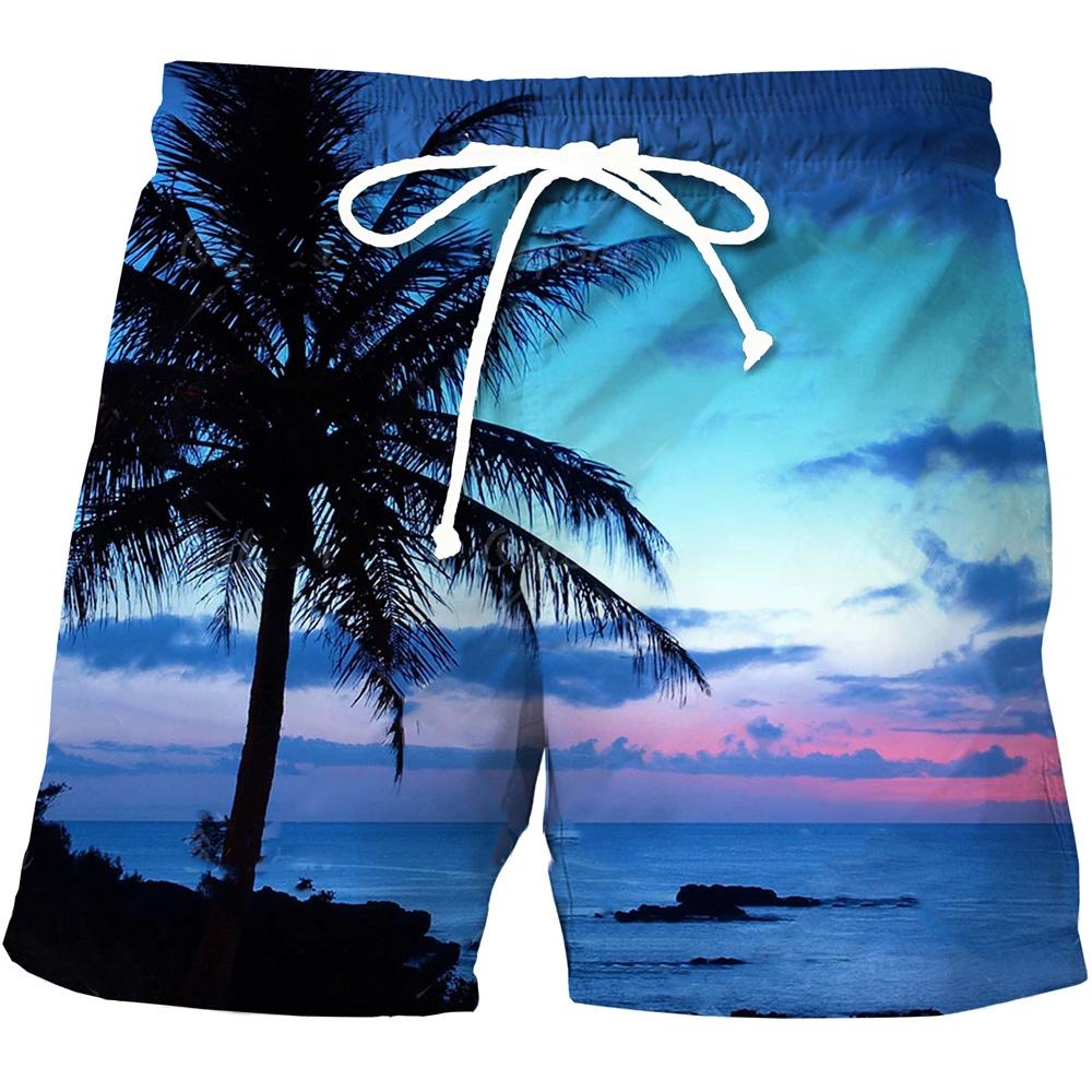 Men's Casual Shorts Beach Hawaii Casual Sports Shorts Natural Plants 3D Printing Shorts Fashion Men Breathable Drawstring Shorts