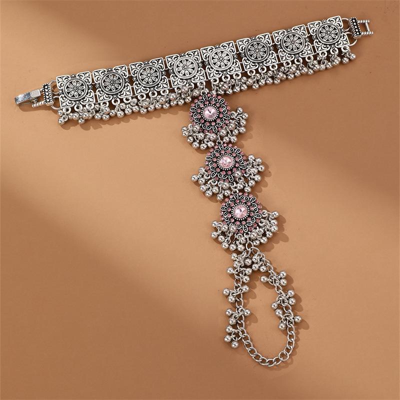 Ethnic Copper Color Carved Flower Bracelet Bangles In Chain Link Rings Girls Retro Pink Crystal Geometric Tassel Banquet Zircon