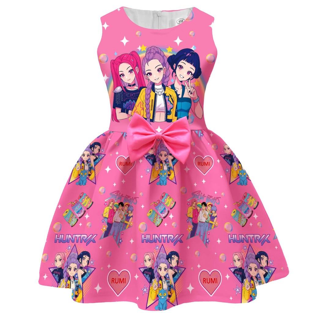 Kinder Mädchen Film POP Rumi Zoey Mira Print Ärmellos Schleife Lässig Party Prinzessin Kleid