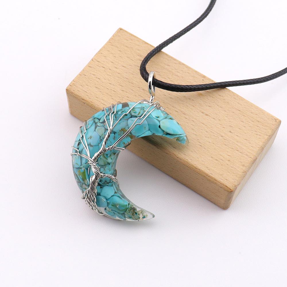 Chakela Natural Crystal Resin Tree of Life Crescent Moon Pendant Necklace N755