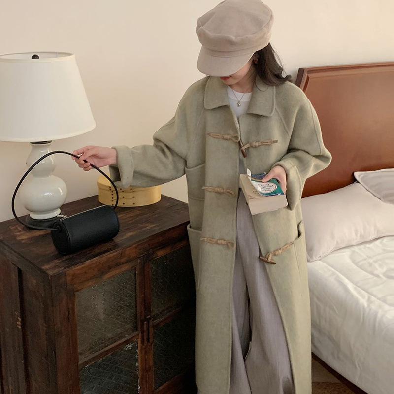 

Autumn and winter new lapel horn buckle medium and long double-sided wool coat S