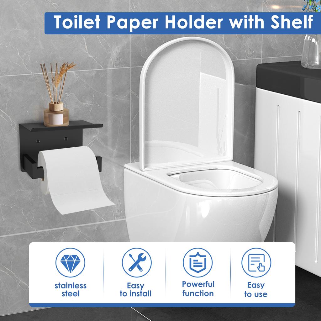 Toilet Paper Holder with Phone Shelf Wall Mounted Matte Black Toilet Roll Dispenser Stainless Steel Tissue Roll Holder for Home