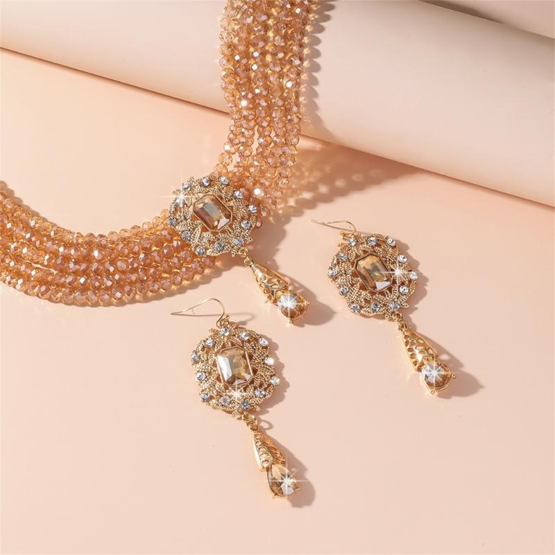 Stylish Layer Rhinestones Waterfall Necklace With Matching Earrings Jewelry Set