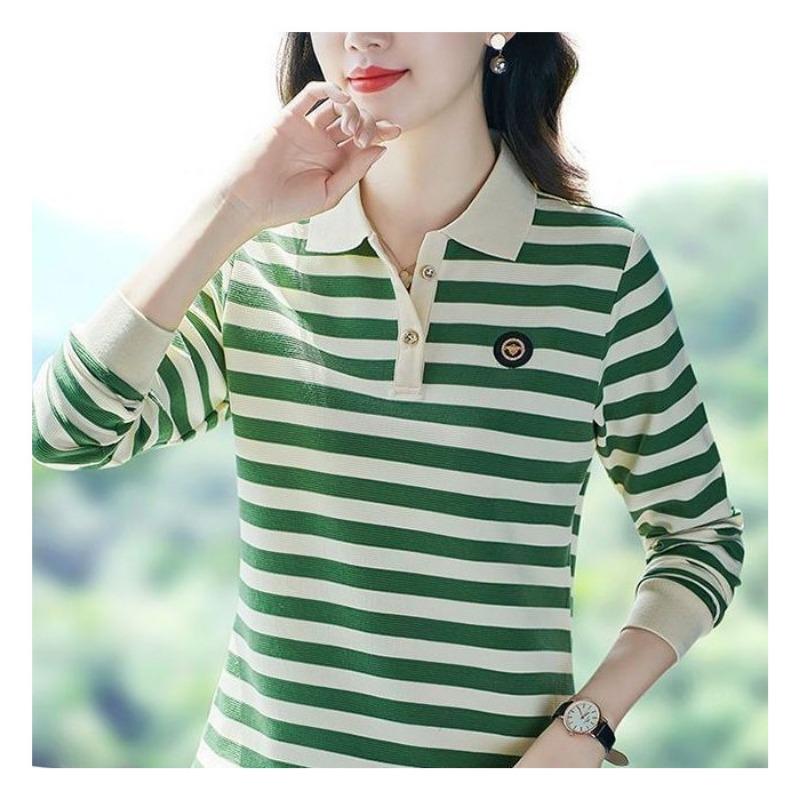 Spring and Autumn Commuting Casual Fashionable Striped Polo Shirt Long Sleeve T-shirt Female Fashionable Mom Top