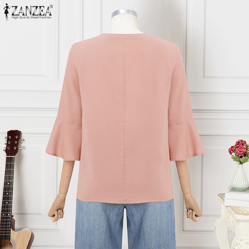 ZANZEA Blusa Casual para Mujer con Volantes, Cuello en V, Holgada, Manga 3/4, Lisa