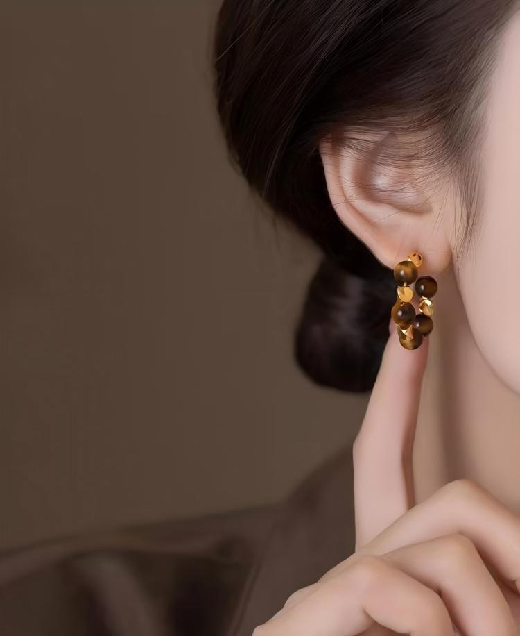 Autumn And Winter Retro Light Luxury Maillard Tiger S Eye Stone Women S Earrings Temperament Jewelry Factory