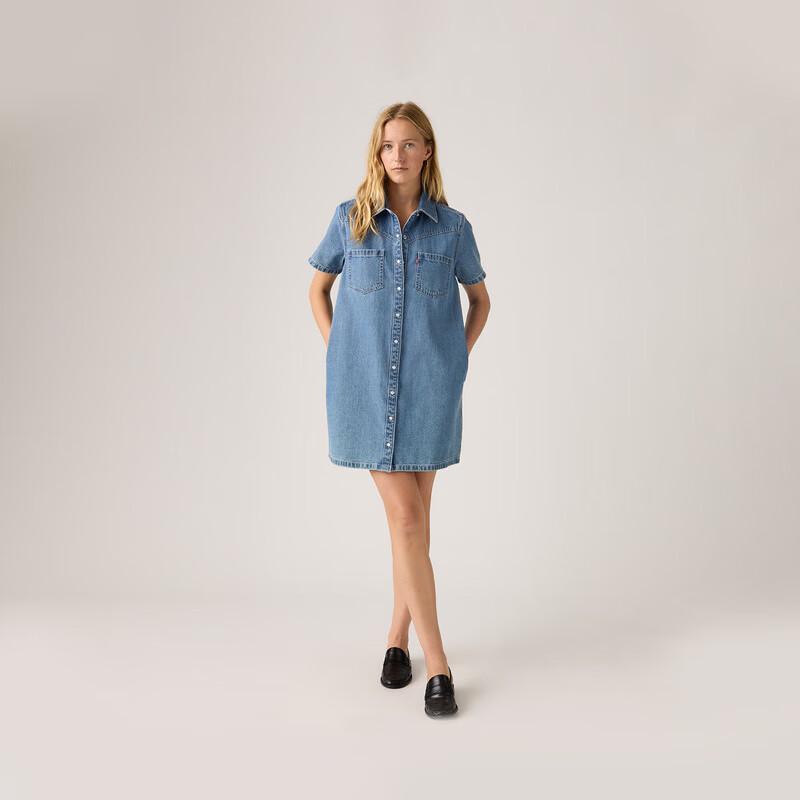 Levi's Vestido Camisa Casual de Mezclilla de Manga Corta Retro para Mujer