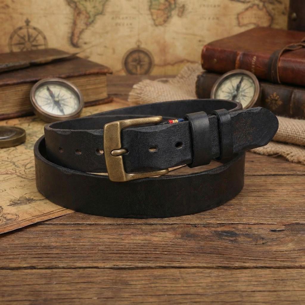 Men s Retro Distressed Laser-Engraved Korean Leather Belt - Stylish, Versatile Cowhide Waistband 120cm