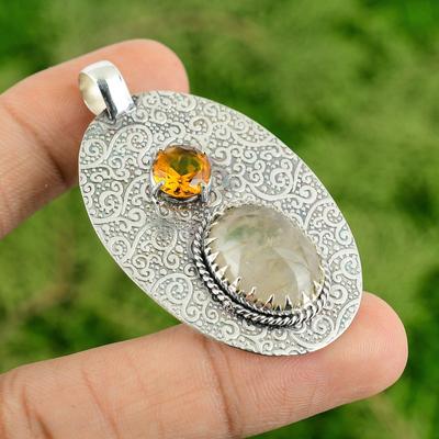 925 Sterling Silver Oval Natural Golden Rutile Citrine Bezel Boho Ethnic Pendant