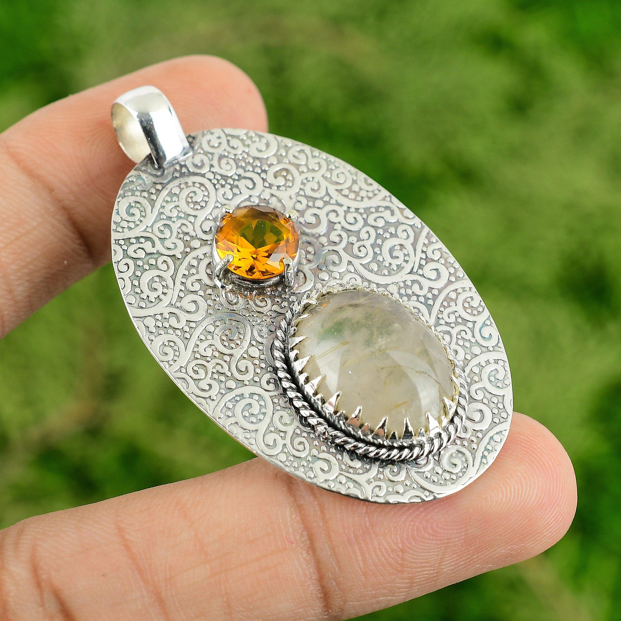 

925 Sterling Silver Oval Natural Golden Rutile Citrine Bezel Boho Ethnic Pendant