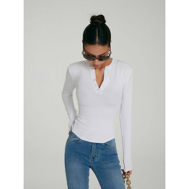 Discoglam 5-Button Henley Shirt Fancy Silm Long Sleeves Bottoming Shirt Tops Outerwear T-shirt Female Spring & Fall