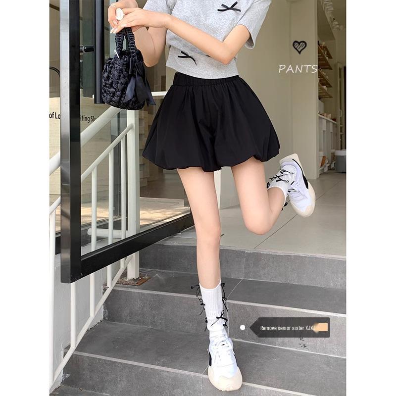 

Women s Black High-Waist Wide Leg Korean Style Puff Shorts, Autumn 2024 Medium