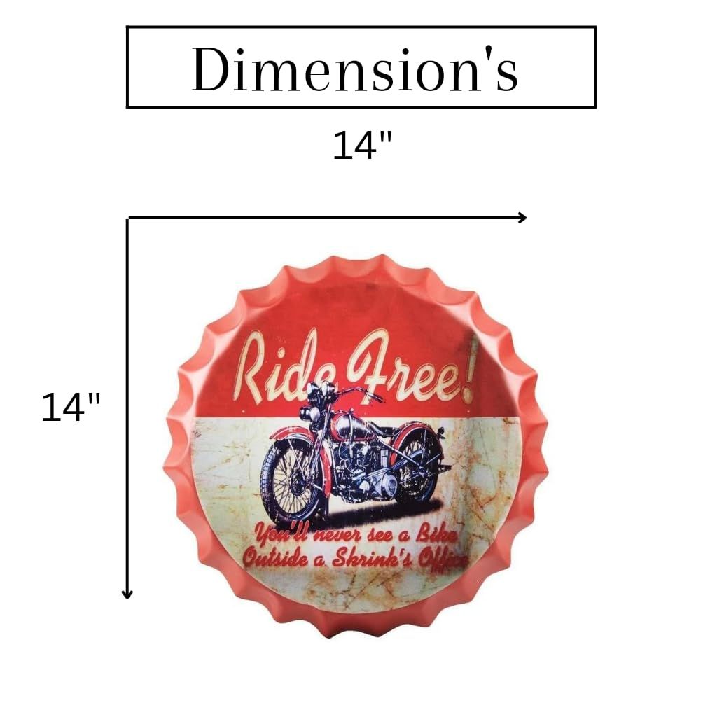 Metal Bottle Caps Wall Sign Plates - 14X14 Inches – RIDE FREE | Metal Wall Hanging Bottle Cap for Home, Farmhouse, Bar & Cafe Decoration
