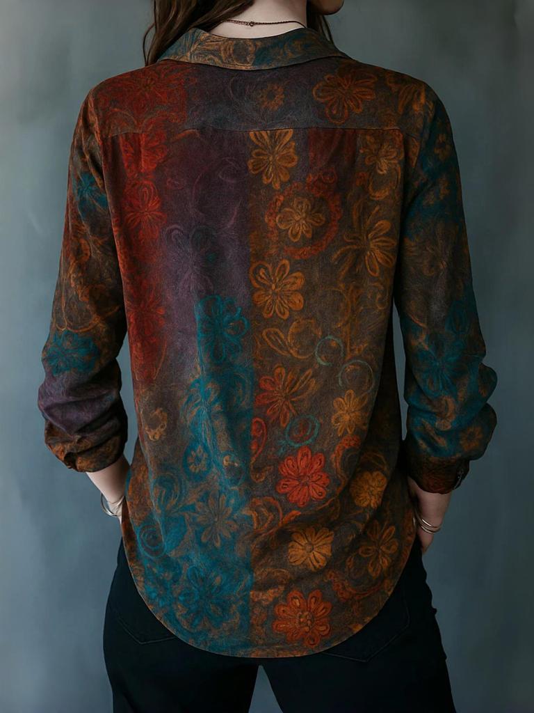 Camisa de Manga Larga con Botones y Estampado Floral Estilo Boho Retro para Mujer