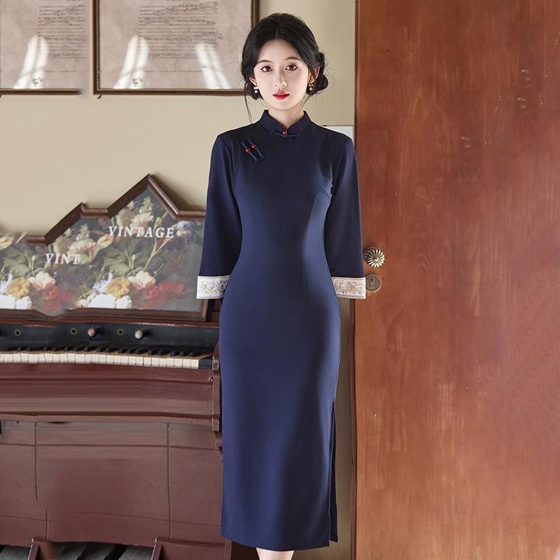 Womens Long Sleeve Chinese Style Dress Tencel Linen Blend Stand Collar Vintage Chic Fall 2025 Small