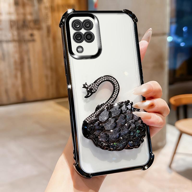 KEYSION Shockproof Plating Phone Case for Samsung A12 A22 4G Clear Soft TPU Glitter Jewelled Swan kickstand Back Cover for Galaxy M12