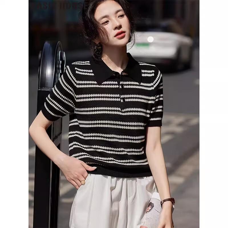 

Basic House Women s Striped Knit Polo T-Shirt L