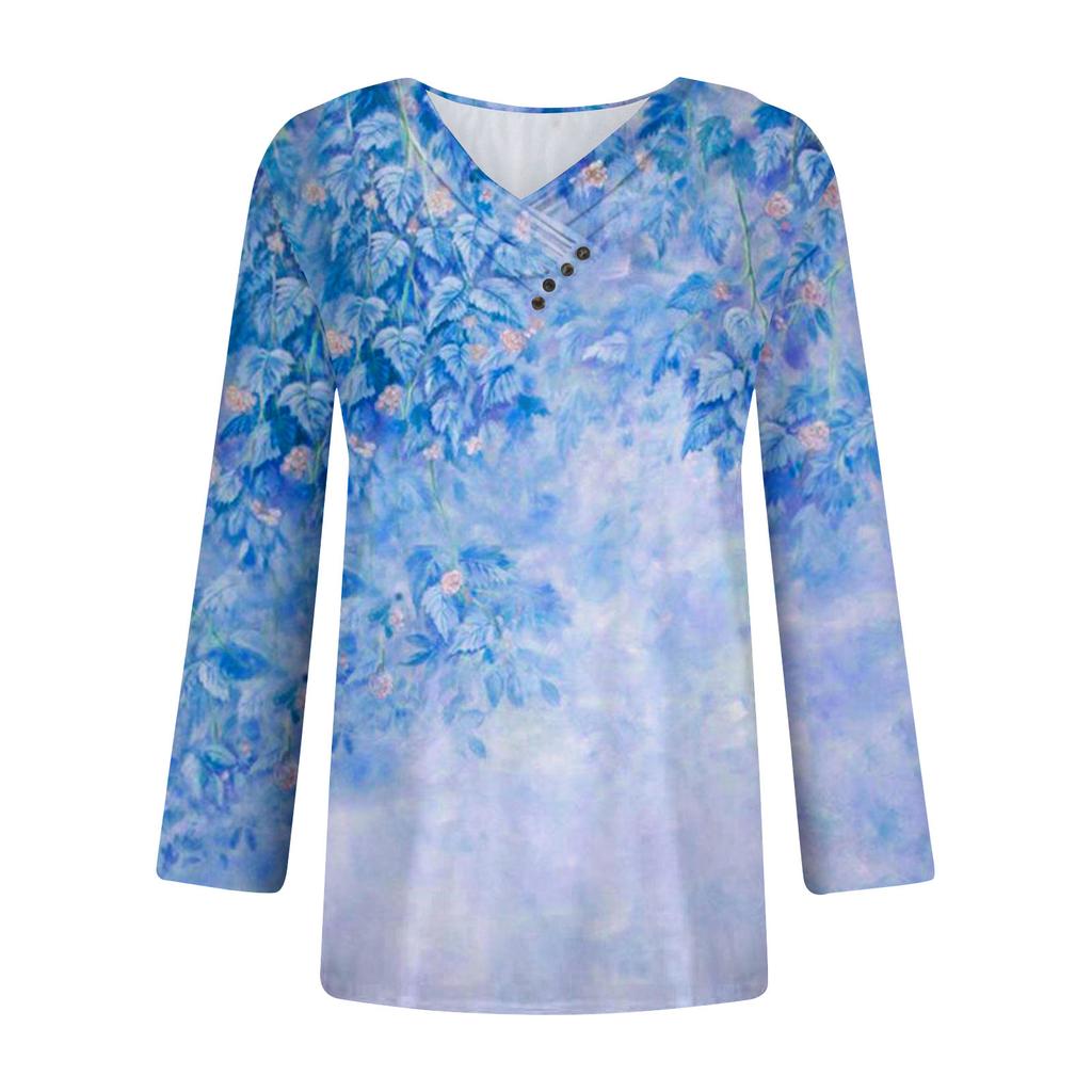 Long Sleeve Blouses For Women Casual V Neck Button Down Shirt Vintage Floral Print Blouse Tops Loose Fit Fall Shirt Top