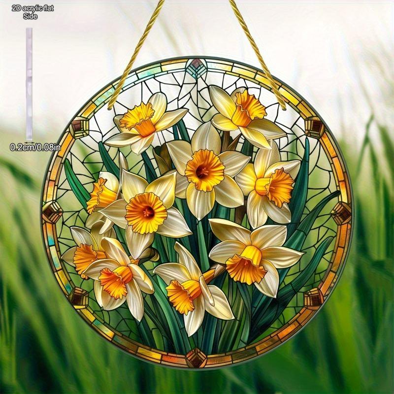 2D Flat Acrylic Garden Round Wall Hanging Decoration Sign, Daffodil Spring Sun Catcher, Nurseries, Vintage Home Decor Wall for Bar Kitchen