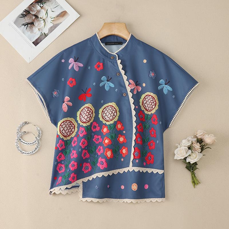 ZANZEA Damska bluzka z krótkim rękawem i okrągłym dekoltem w kwiaty