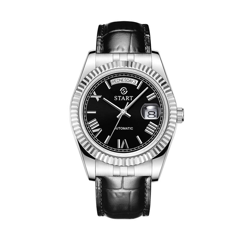 

START-Мужские часы с римскими цифрами на циферблате, автоматические механические часы, модные кожаные часы, водонепроницаемые, с функцией даты и недели чёрный
