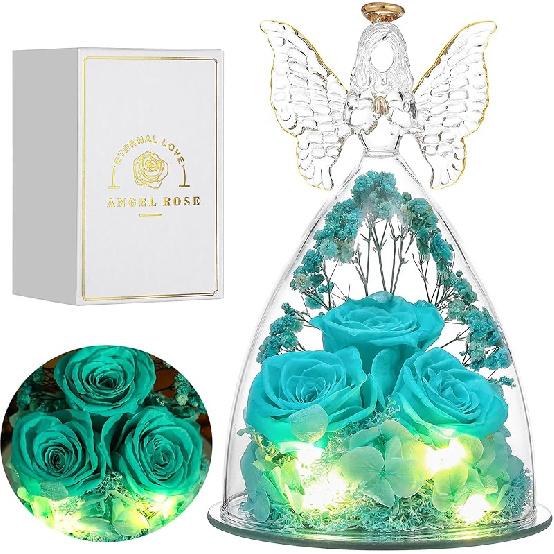 Mothers Day Mom Gifts for Women Preserved Flowers in Glass Angel Forever Flowers Gifts Eternal Roses Gifts for Grandma, Light Purple