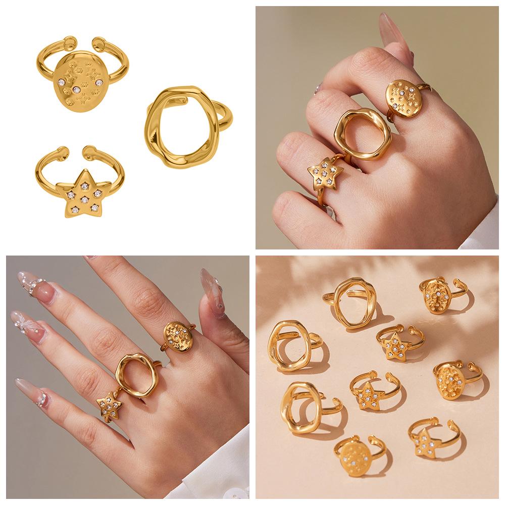 Oumaijia 18k Gold-Plated Geometric Zircon Pentagram Open Ring