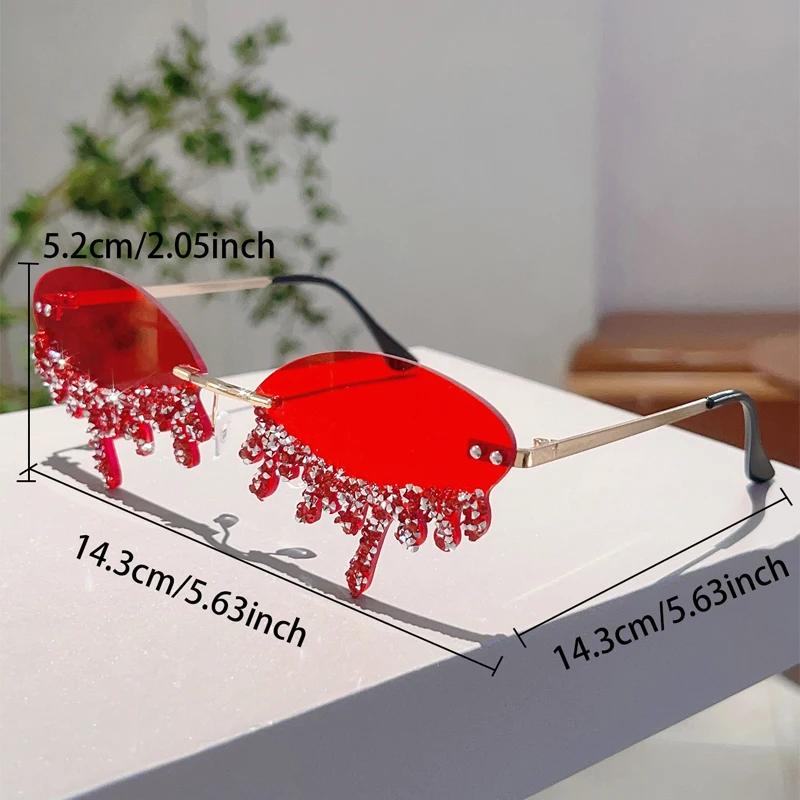 Rimless Tear Shaped Sunglasses with Rhinestones Women Fashion Decorative Shades Trendy Stylish Design Rave Sun Glasses