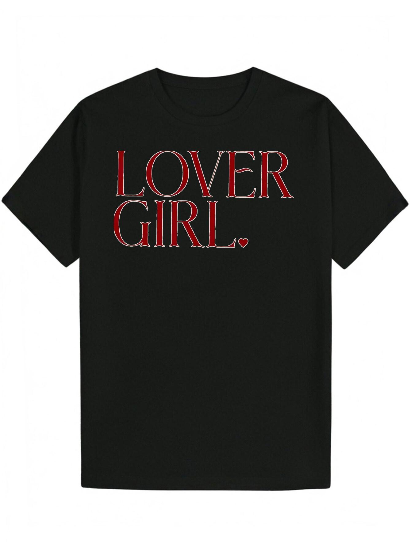 Black Casual Short Sleeve T-shirt with Bold Red LOVER GIRL Graphic Print - 100% Polyester Round Neck Summer Tee S