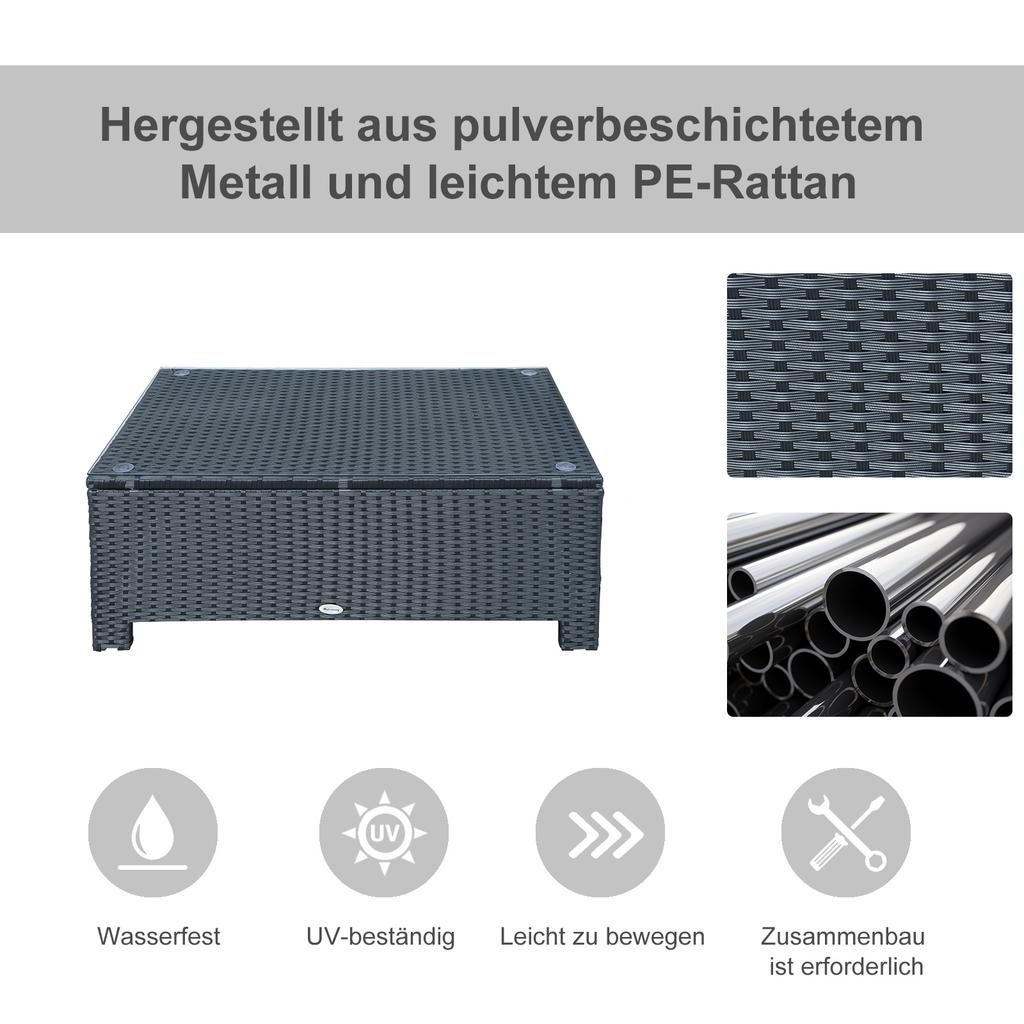 PE Rattan Coffee Table, Rectangular Outdoor Coffee Table with Tempered Glass Top, 70 KG Capacity for Garden, Balcony, Terrace, Patio, Black