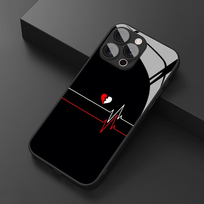 Red and white heartbeat printed glass phone case suitable for iPhone 17 16 15 14 13 12 11 Pro Max Plus shockproof back cover