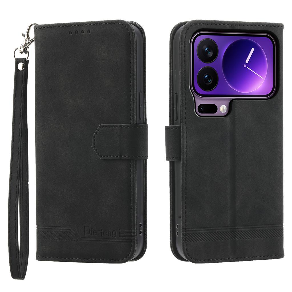 DIERFENG DF-03 For Xiaomi 17 Pro Case Lines Imprint Wallet Leather Phone Cover with Wrist Strap