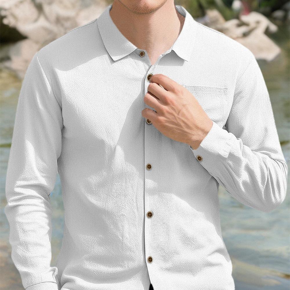 Soft and Comfortable Men's Collar Pocket Solid Color Button Up Cardigan Long Sleeved Linen Top Suitable for Daily Leisure