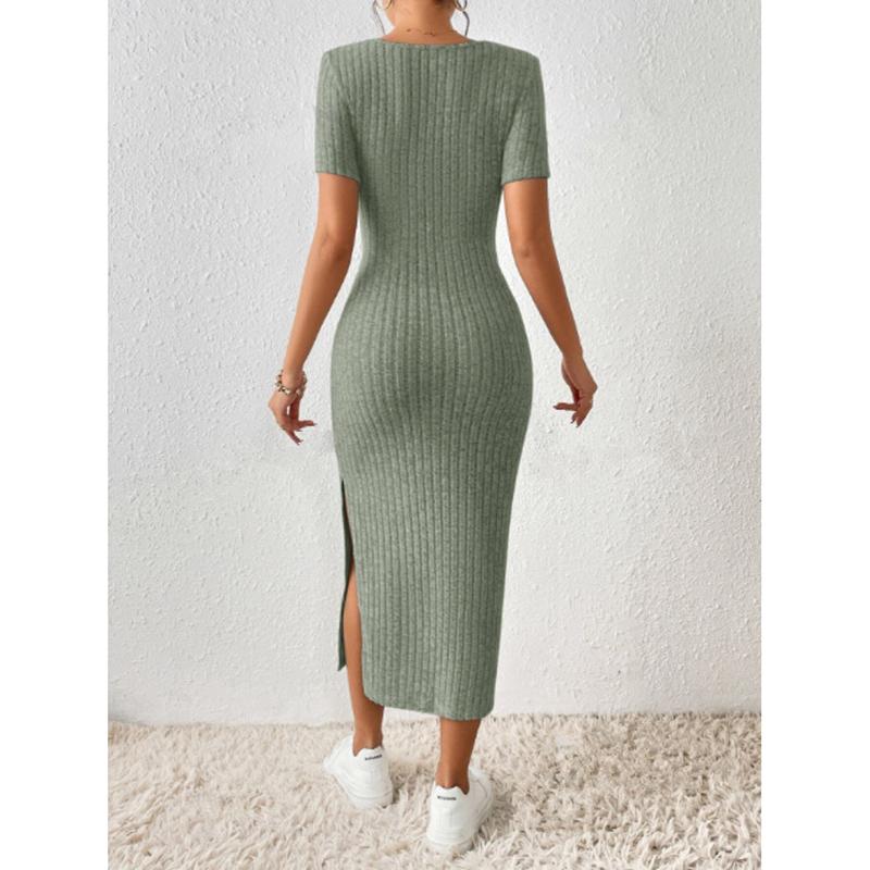 Summer New Short Sleeve Women's Knitted Dress Elegant Fashion Square Neck Sexy Dress Women Slim Fit Split High Waist Casual Dresses for Women 25102