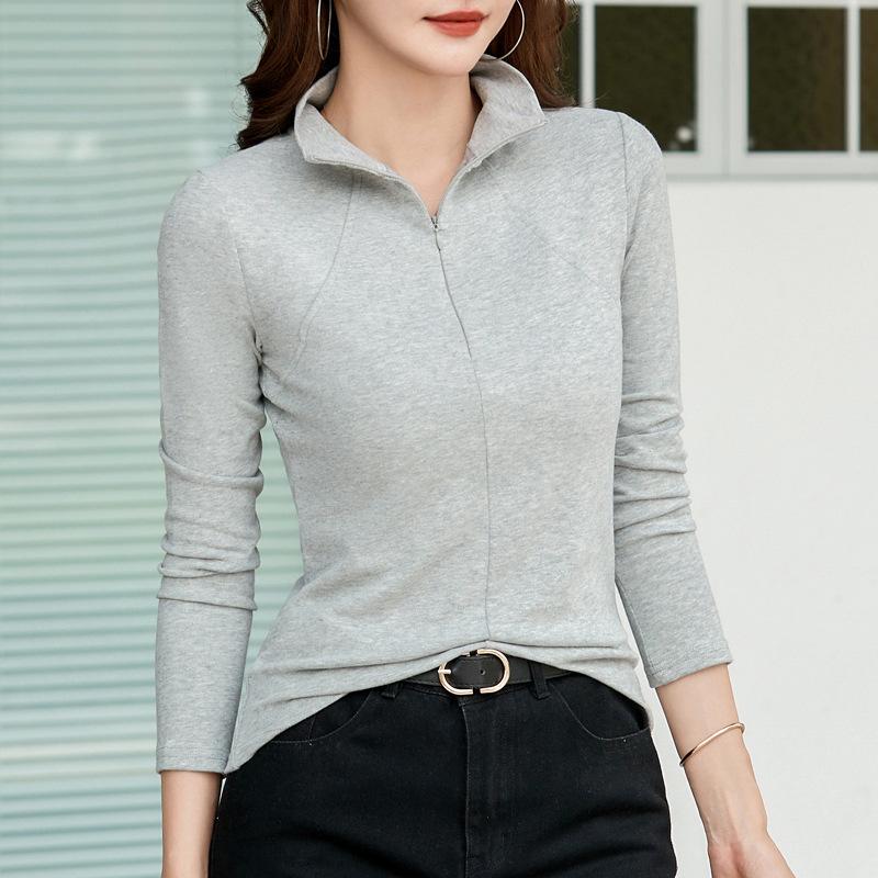 

Autumn Winter Slim Fit Stand Collar Zipper Inner Top Women s Casual Slim Half High Collar Long Sleeve Cotton Base Shirt T-Shirt 3XL сірий колір