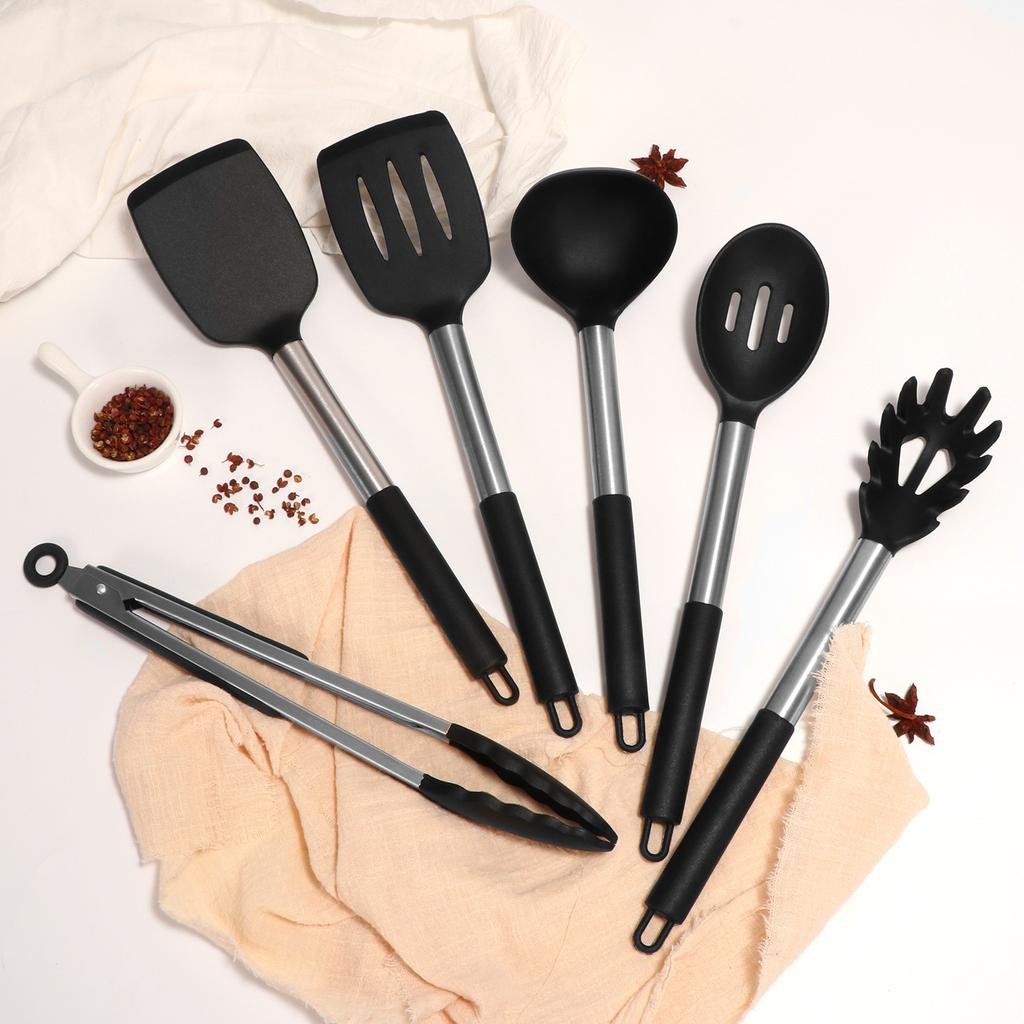 Black Non-stick Silicone Kitchenware Cooking Utensils Set Cookware Spatula Egg Beaters Stainless Steel Handle Kitchen Tool Set