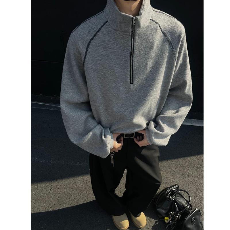 Half Zipper Turtleneck Striped Sweater Men's Spring Cleanfit Heavy American Short Jacket Loose Pullover Top