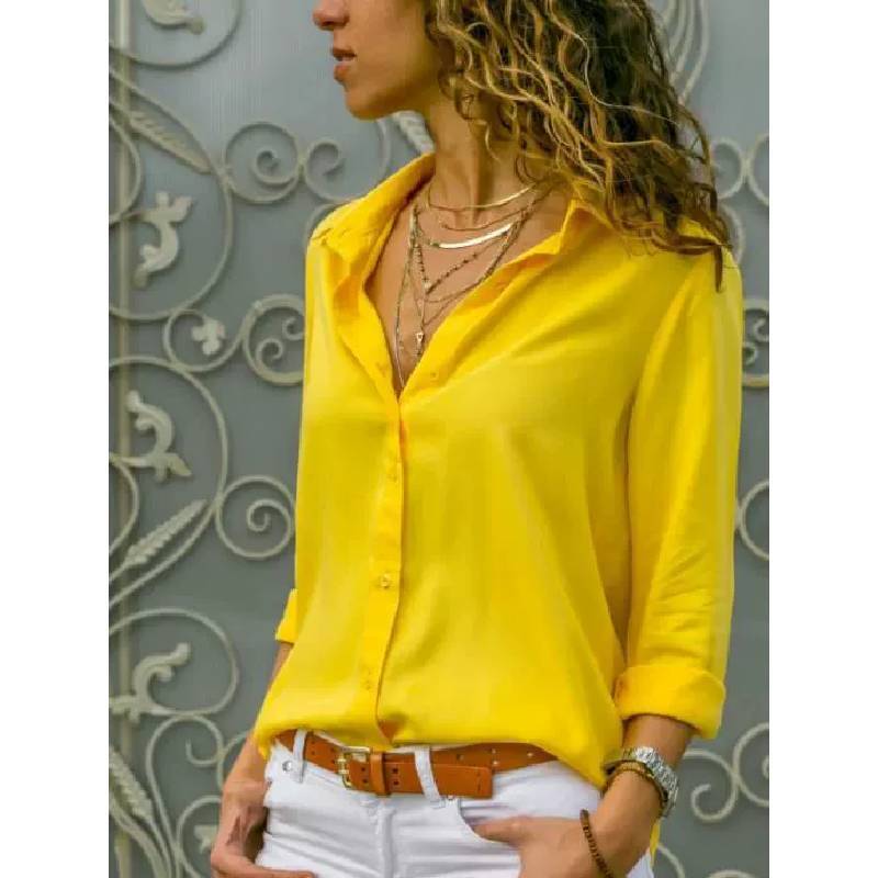 Womens Long Sleeve V Neck Button Chiffon Blouse With Cotton Polyester For Office Casual Wear