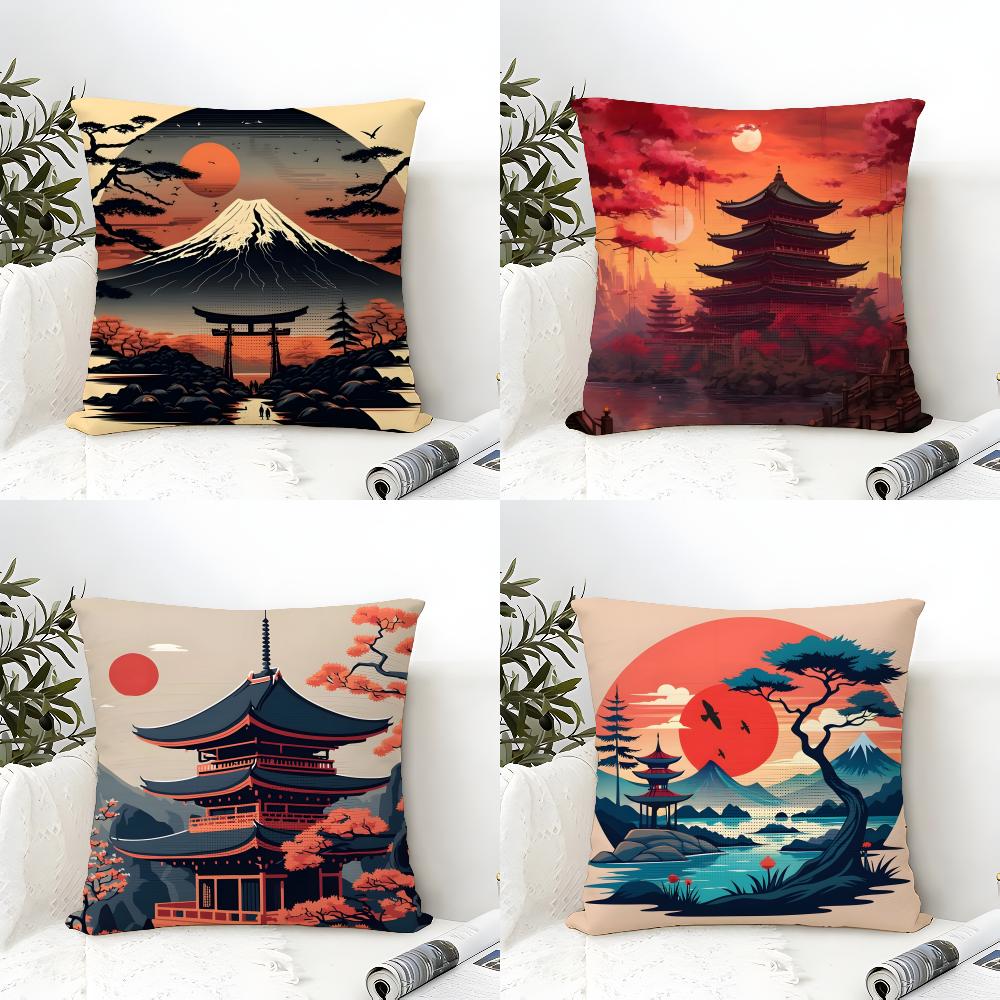 Retro Japanese Pagoda Landscape 2 Pillow Case Linen Cushion Covers For Decorative Sofa Home Pillows Case Car Chair Pillows Cases