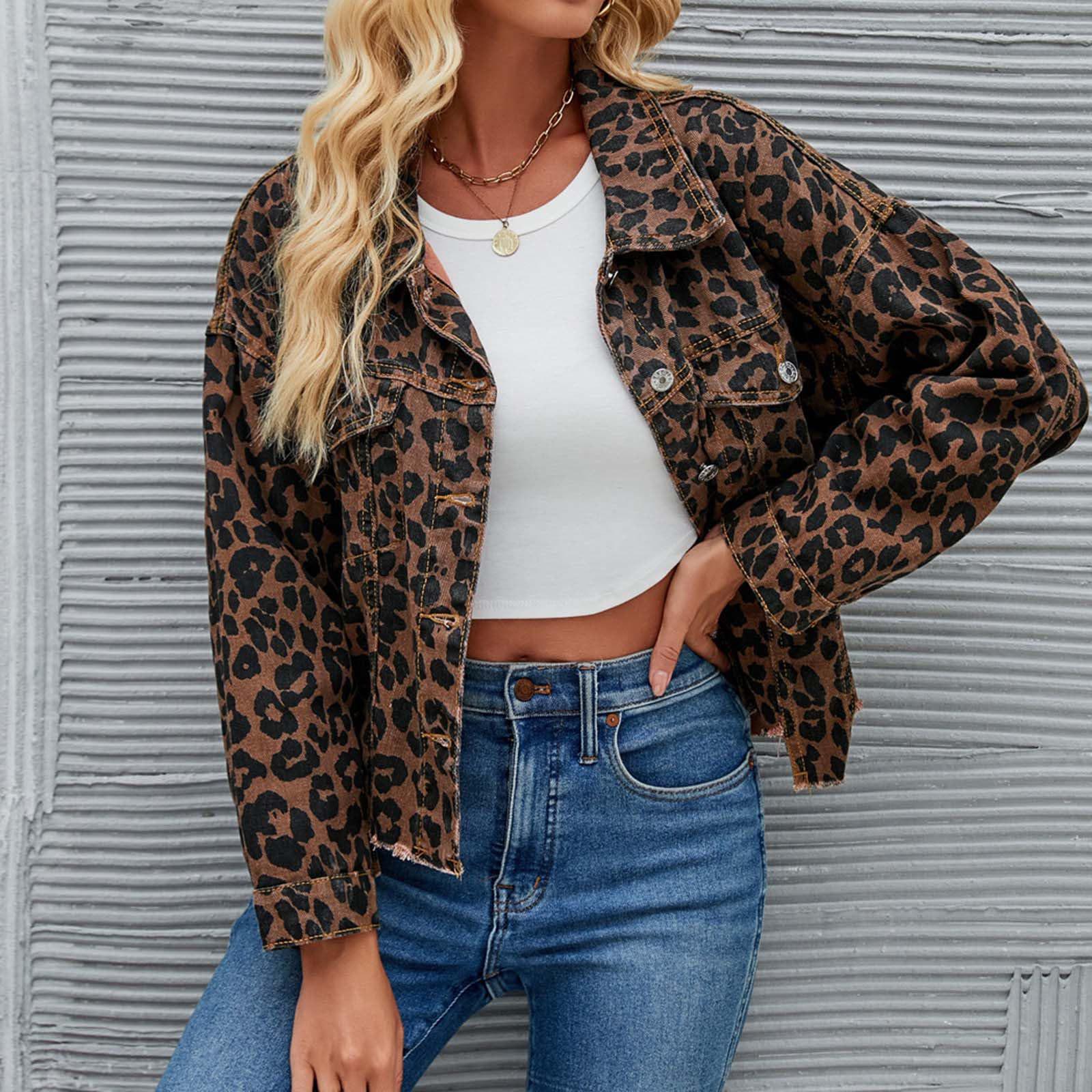 

2024 Spring/Autumn Leopard Print Denim Jacket - Long Sleeve, Short, Loose Fit 2XL цветной печати леопарда