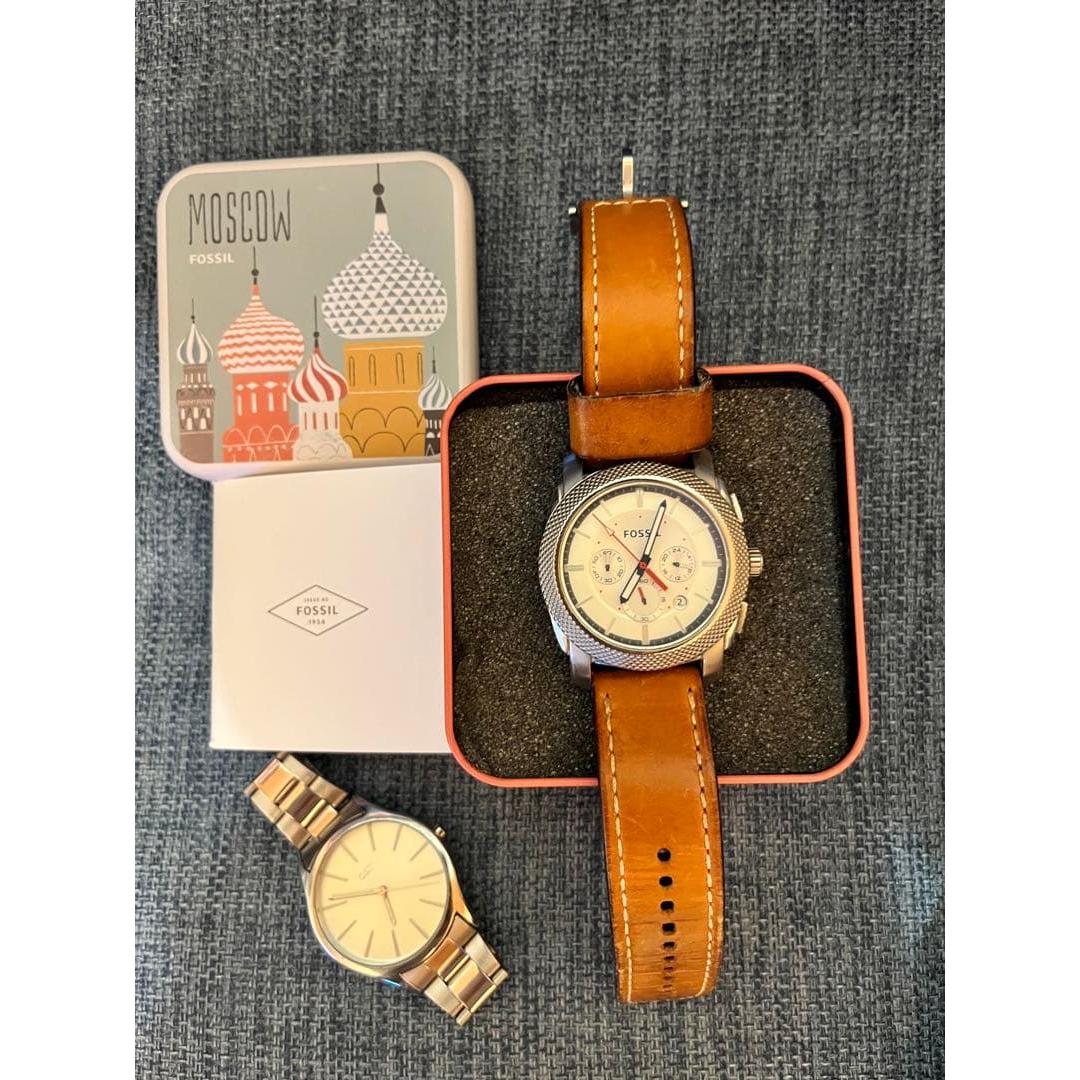 Used FOSSIL Chronograph Leather Belt Watch Battery Replaced Night Limited Sale