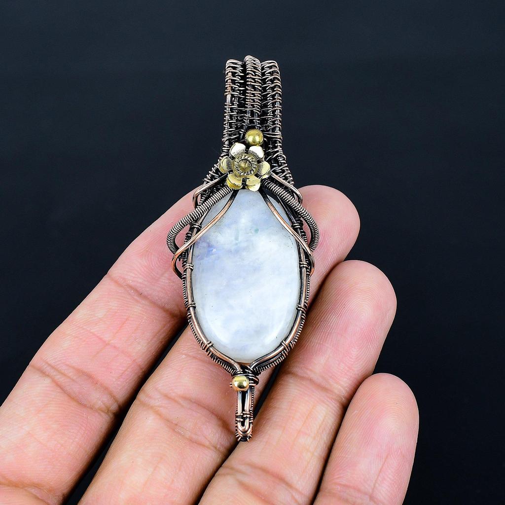 Moonstone 999 Copper Wire Wrapped Pendant, Handmade Gemstone Pendant, Gift For Mom Antique Jewelry