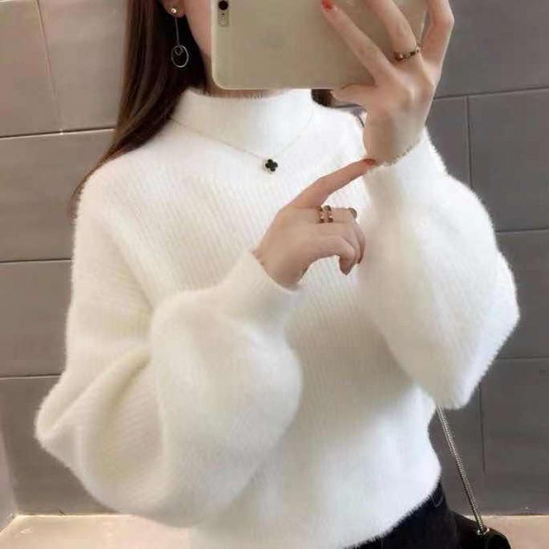 Women's Mink Velvet Lantern Sleeve Sweater - Loose, Half High Collar, Autumn/Winter Outerwear