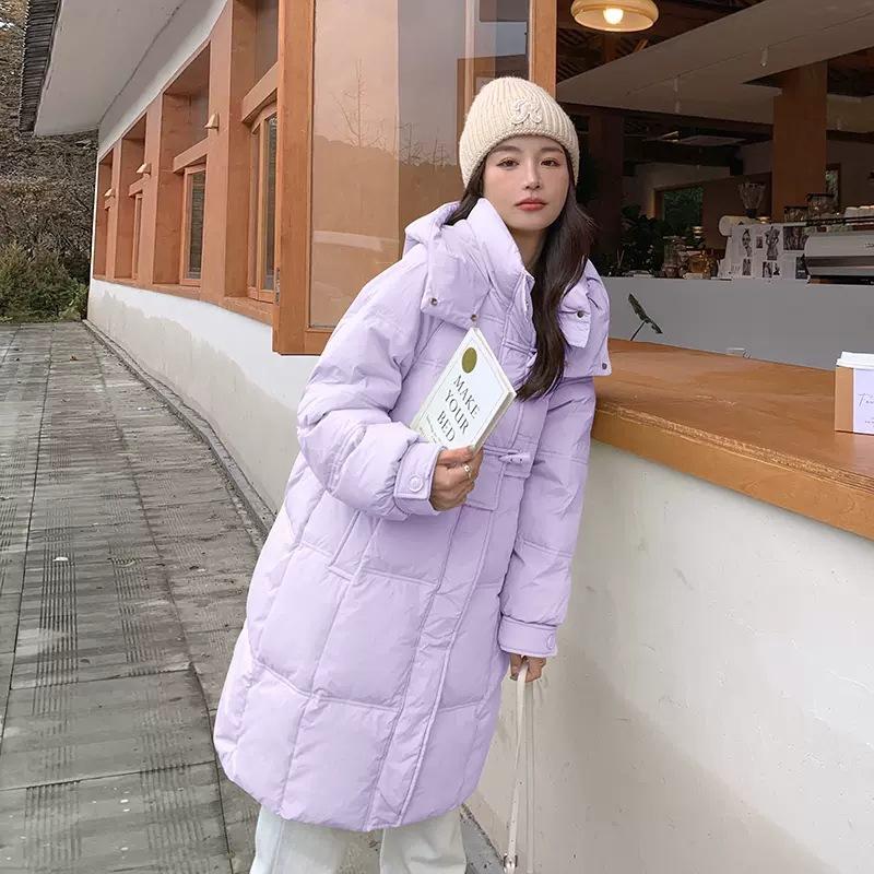 Corner buckle down jacket women's long over the knee 2024 winter new hooded thickened white duck down warm jacket large size