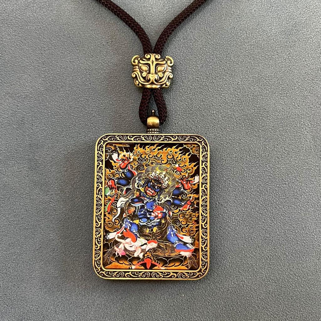 Thangka Pendant Necklace - Yellow & Black Guardian Buddha Amulet