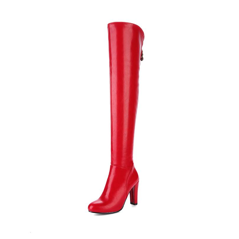 

Зимние длинные сапоги с круглым носком, очень высоким голенищем, квадратным каблуком, толстой плюшевой подкладкой и жемчужной молнией, женские сапоги выше колена 37 красный