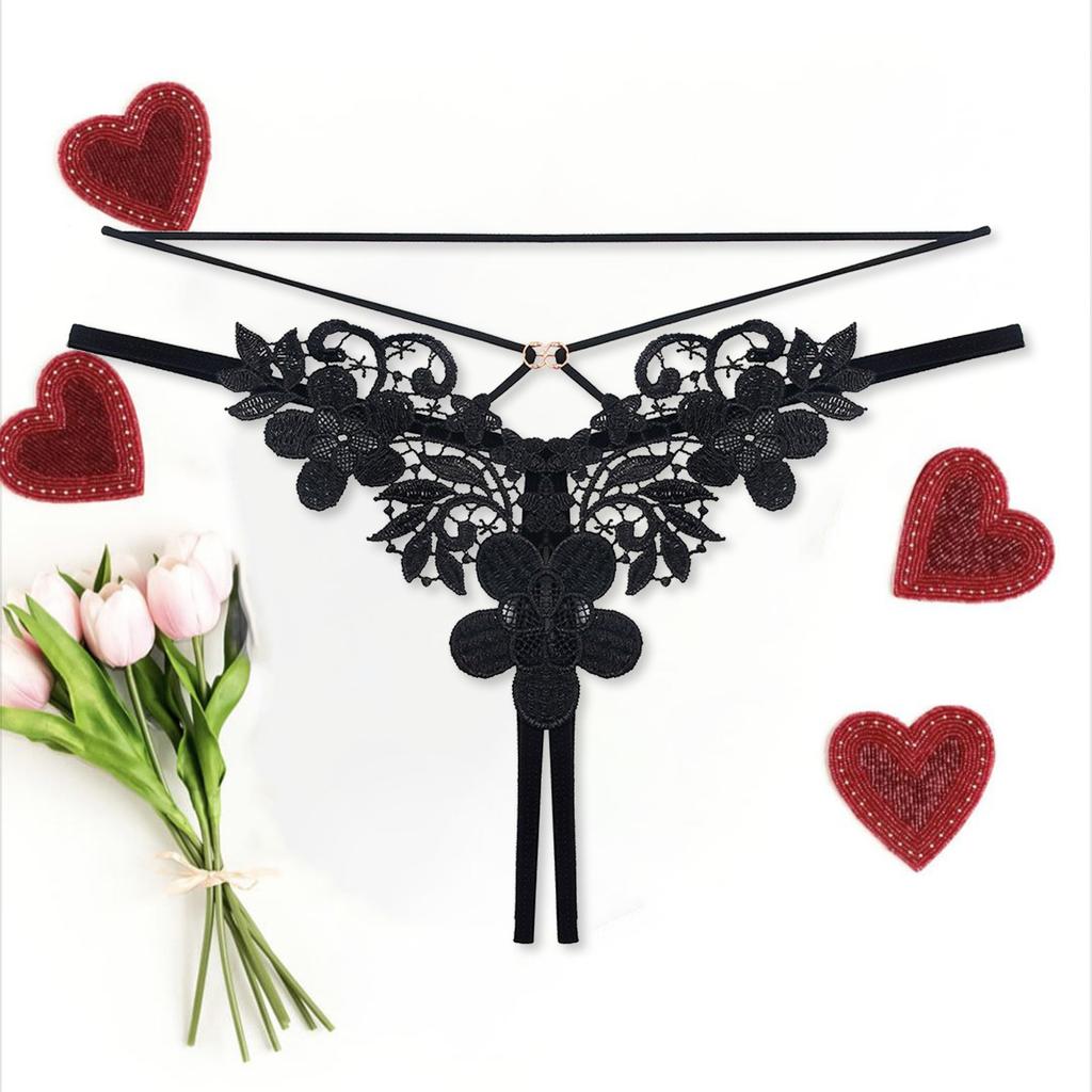 Hipster Women Embroidered Crotchless G-String Double Straps Hollow Out See-Through Sexy Lingerie Women Temptation Underpants