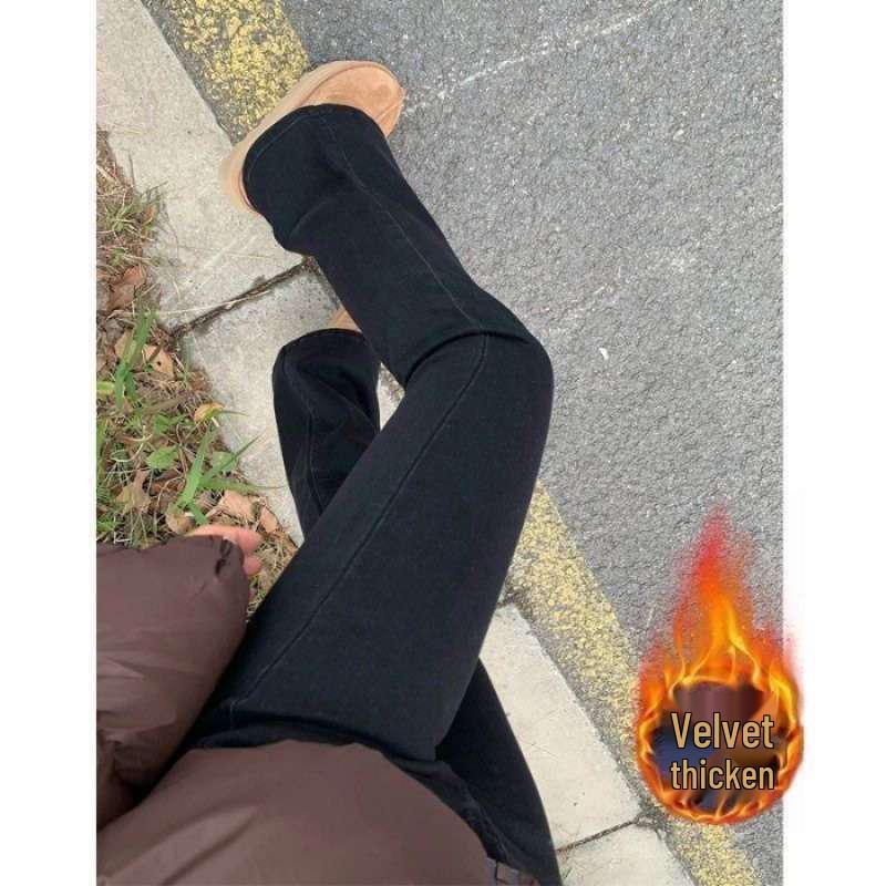 

Women s Black High Waist Micro Flare Jeans with Velvet Lining - Slimming, Elastic, Petite, Floor-Length Bell Bottoms for Autumn and Winter. 2XL
